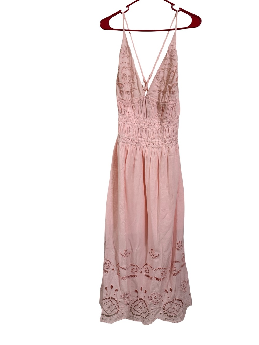 Smocked V-Neck Pink Maxi Dress with Eyelet Detail